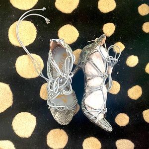 Baby blue caged ankle tie sandal